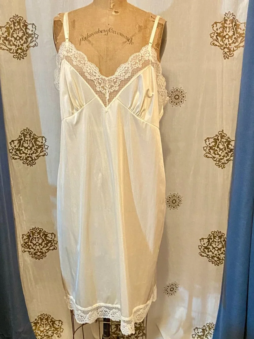 Vintage Cream Ivory Nylon Full Slip LACE Chiffon Bodice USA 22 XL Coquette Sissy - Picture 2 of 6
